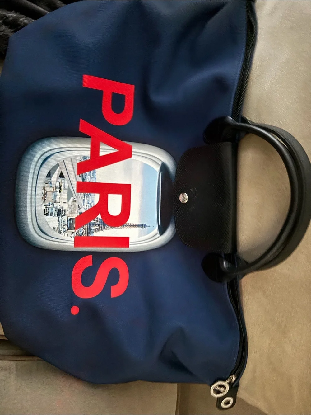 Longchamp Blue Travel Tote with Red PARIS Graphic and Black Trim